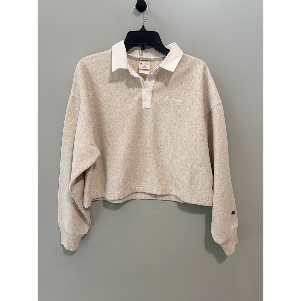 Champion Reverse Weave Cropped Rugby Sweatshirt Oatmeal Gray Small